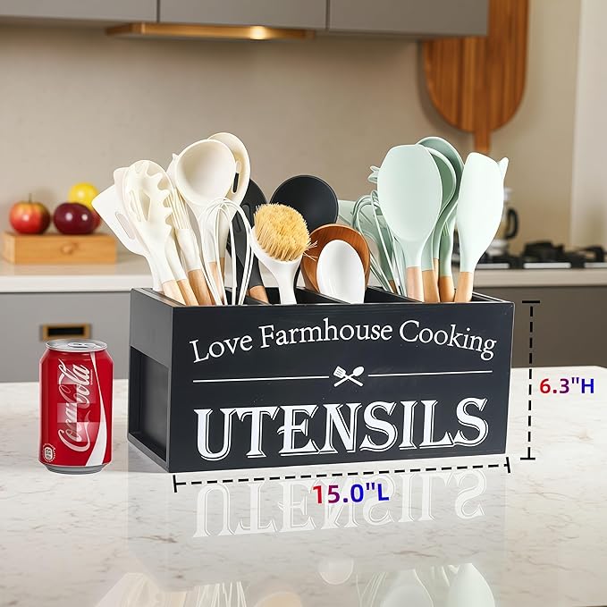 Utensil Holder,Extra Large Wooden Utensil Holder For Kitchen Counter,Cooking Spatula Organizer,Big Storage Caddy With 4 Compartments Flatware Spoon Tool Cutlery（Black）