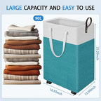 HomeHacks 90L Large Rolling Laundry Basket, Laundry Hamper with 4 Smooth Wheels, Collapsible Waterproof Clothes Basket, Freestanding Hamper with Handles for Bedroom/Dorm/Laundry Room (Green)