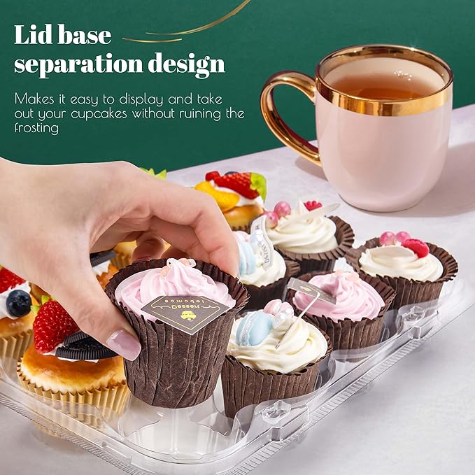 12 Count Cupcake Containers 12 Pack Cupcake Holders Plastic Stackable Cupcake Boxes with Detachable Tall Dome Lids and 144 Liners for 144 Cupcakes, BPA Free, Standard Size