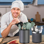 Kitchen Utensil Holder Extra Large Rotating For Counter Organizer Stainless Steel Storage Cooking Silverware Caddy 3 Compartment Flatware Spoon Spatula Tool Cutlery Container（2 Set Grey）