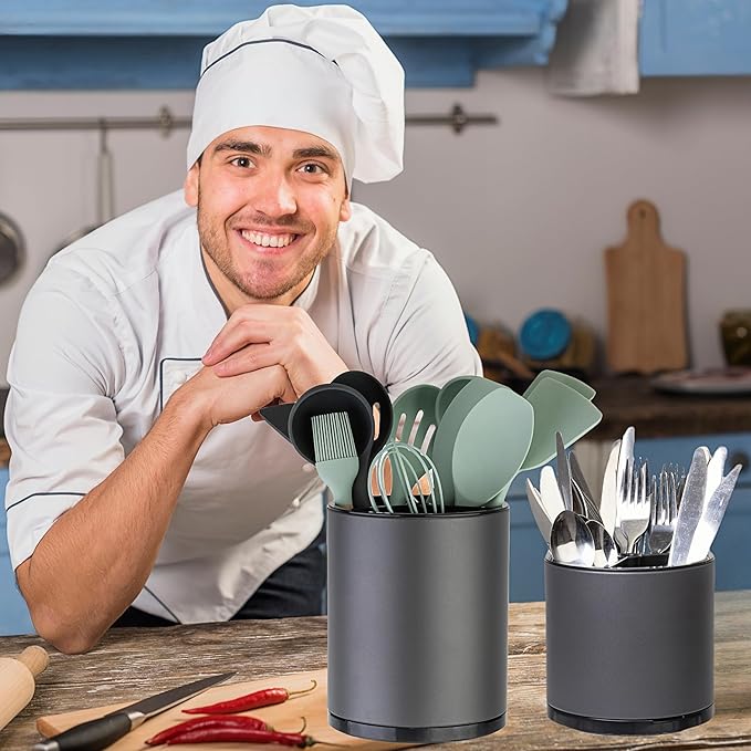 Kitchen Utensil Holder Extra Large Rotating For Counter Organizer Stainless Steel Storage Cooking Silverware Caddy 3 Compartment Flatware Spoon Spatula Tool Cutlery Container（2 Set Grey）