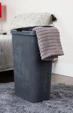 Mind Reader Slim Laundry Hamper with Lid, 40L Clothes Basket, Premium Wicker Design, Plastic, Gray