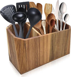 Large Kitchen Utensil Holder for Countertop – Acacia Wood Utensil Organizer with 3 Compartments, Beveled Edges Design, Non-Slip Silicone Pads & Drain Hole – Rustic Farmhouse Utensil Caddy Crock