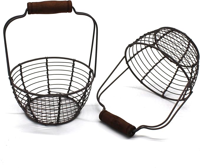 CVHOMEDECO. Metal Wire Mini Egg Baskets Rust Gathering Baskets with Wooden Handle Country Vintage Style Storage Baskets. Set of 2