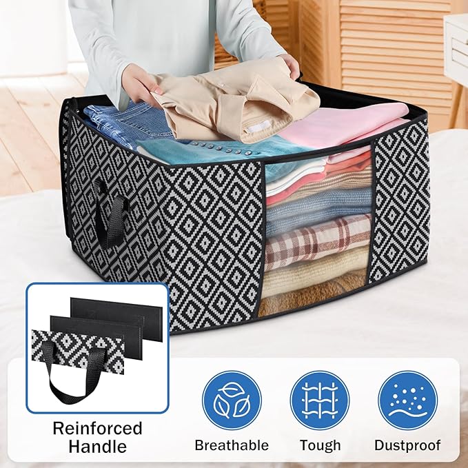Direct 100L, 6 Pack, Storage Containers, Large Clothes Storage Bins Foldable Organization and Storage Bags with Reinforced Handle, Clear Window for Bedding, Blankets, Clothing, Black