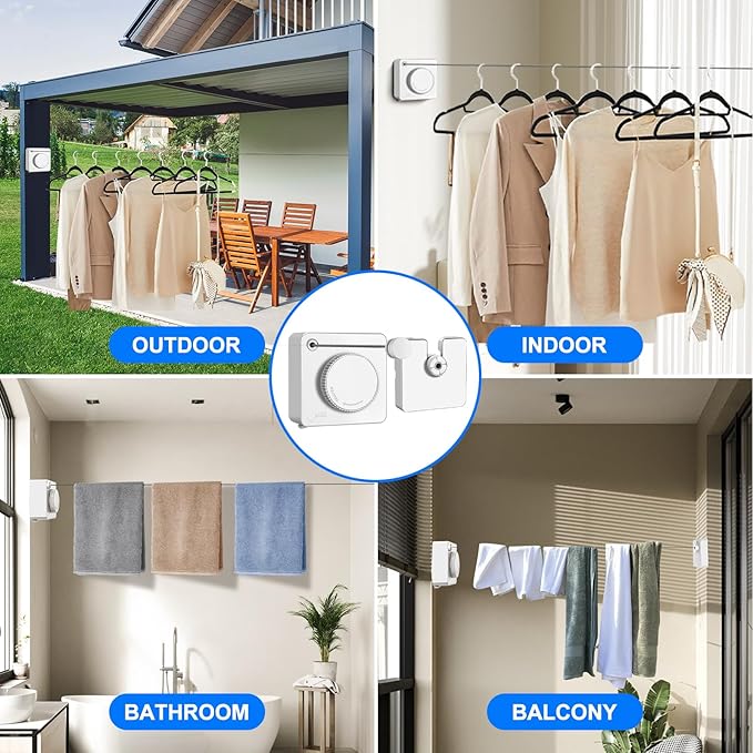 15.7Ft Retractable Clothesline Indoor is Also an Anti-sag Retractable Clothesline Outdoor,Stainless Steel Wire Laundry line Retractable for Drying Clothes ，with 12 Clip (White)