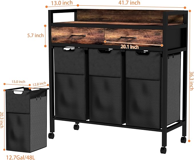 Laundry Sorter 3 Section,144L Hamper with Non-Woven Drawers,360° Rolling Laundry Basket,Pull-Out and Removable Oxford Fabric Laundry Bags,Rustic Brown and Black