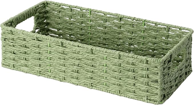 StorageWorks Small Wicker Toilet Basket Tank Topper with Built-in Handles, Toilet Paper Baskets for Back of Tank, Paper Rope Bathroom Basket Organizer and Storage for Sage Green Bathroom Decor, Green
