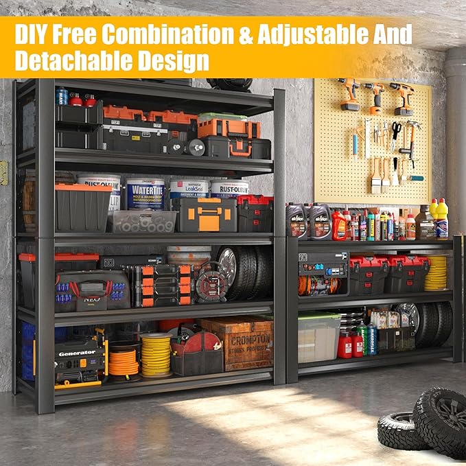Garage Shelving, 72" H x 45" W Heavy Duty Metal Shelves, 5-Tier Shelving Units and Storage, Easy to Assemble, Adjustable, Black, for Garage, Basement, Pantry & Warehouse, 16" D