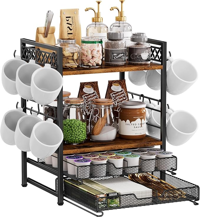 Coffee Bar Station Organizer, 4 Tier K Cup Organizer Mug Holder with 12 Hooks, Coffee Pod Holder, Multifunctional Countertop Organizer for Kitchen