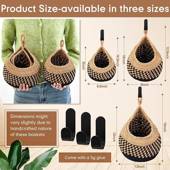 Honeydak Boho Decor Hanging Wall Baskets for Kitchen 3 Pack Teardrop Baskets with Hooks Storage Fruit Onion Vegetable Potato for Home 3 Sizes(Linen with Black,Teardrop,Cotton Rope)