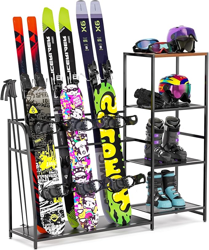 Ski-Snowboard Storage Rack Holder - Freestanding Ski Equipment Organizer Snowboard Boot Stand Garage Gear Storage
