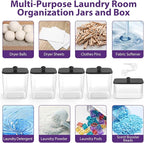 4+1 Pack Clear Laundry Pods Container & Dryer Sheet Holder, Plastic Square Laundry Room Organization and Storage Jars with Black Lids, Scoops & Labels for Detergent, Powder, Dryer Balls