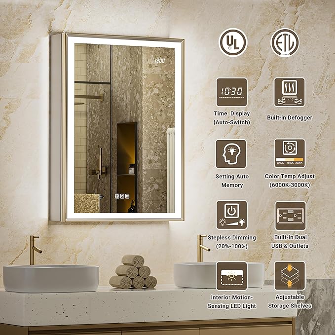 24x32 Lighted Medicine Cabinet with Mirror, Beveled Brushed Nickel Framed Surface or Recessed Fogless Dimmable LED Medicine Cabinet with Outlet, Time Display & Sensor Inner Light(Right Hinge)
