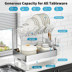 Ewaiira Dish Drying Rack, 304 Stainless Steel Dish Racks for Kitchen Counter, Dish Drainers with Automatic Drainage, Utensil Holder & Cups Holder, Space Saving Kitchen Organizer (2-Tier White)