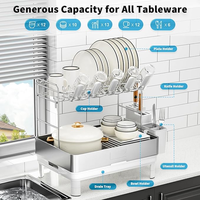 Ewaiira Dish Drying Rack, 304 Stainless Steel Dish Racks for Kitchen Counter, Dish Drainers with Automatic Drainage, Utensil Holder & Cups Holder, Space Saving Kitchen Organizer (2-Tier White)