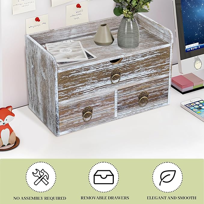 Wood Desk Organizer with Drawer, Washed Brown Wooden Desktop Organizer, Tabletop Storage Organization Box for Countertop, Home Office Supplies (3 Drawer and Shelf)