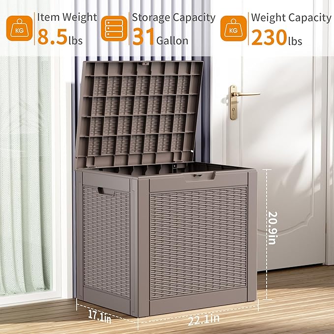 31 Gallon Resin Deck Box Outdoor Storage Box for Patio Furniture,Outdoor Cushions,Garden Tools and Pool Supplies,Waterproof,Lockable(Grey,31Gallon)
