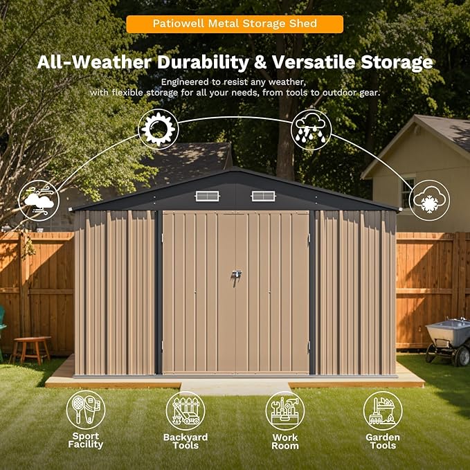 Patiowell 10 x 12 FT Outdoor Storage Shed, Large Metal Shed Storage with Lockable Doors and Steel Frame, Utility Tool Outside Storage Shed for Garden, Patio, Backyard, Brown
