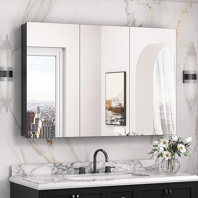 Keonjinn 48 x 32 Inch Oversized Medicine Cabinet for Bathroom with Mirror, Assembly Required, Black Aluminum Structure, Free Adjustable Shelves, Combined Recessed or Surface Mount Wall Cabinet