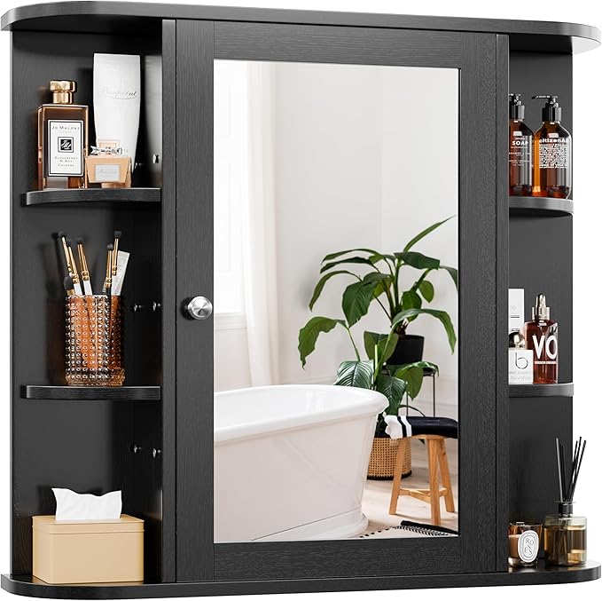 Bathroom Medicine Cabinet with Mirror, Wall Mounted Home Storage with Door, Over The Toilet Space Saver Storage Cabinet, Bathroom Cabinet Wall Mounted, Black