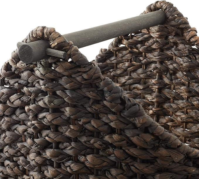Casafield Toilet Paper Storage Basket with Wood Roll Holder Bar - Espresso, Braided Water Hyacinth Wicker Bathroom Tissue Storage Organizer