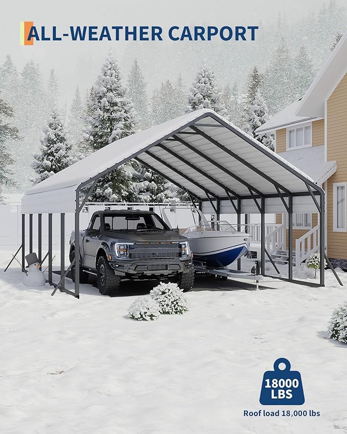 Garveelife 20'x25'x13' Metal Carport for 2 Cars, Heavy Duty Car Ports for Heavy Snow, Reinforced Frame, Tall Metal Car Ports for Bass Boats, Full-Sized Pickup Trucks, and Tractors, N.W. 980 Lbs