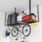 StoreYourBoard Heavy-Duty Ceiling Mounted Garage Shelving, Steel Overhead Ceiling Shelf, 3x8 Garage Organization Rack with Hooks, Holds 700 lbs