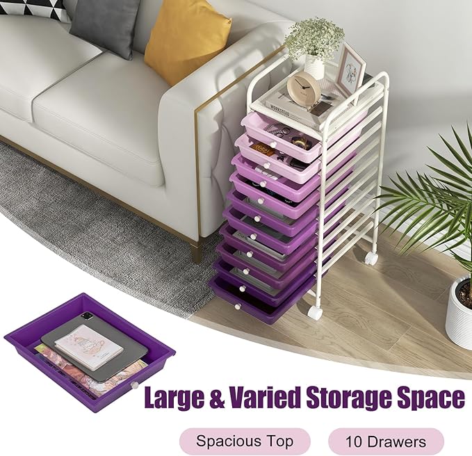 GOFLAME 10-Drawer Rolling Storage Drawer Cart, Utility Cart with Removable Drawers & Metal Frame, Mobile Art Craft Drawer Cart with Lockable Wheels for Home, Office, Studio, School, Purple Gradient