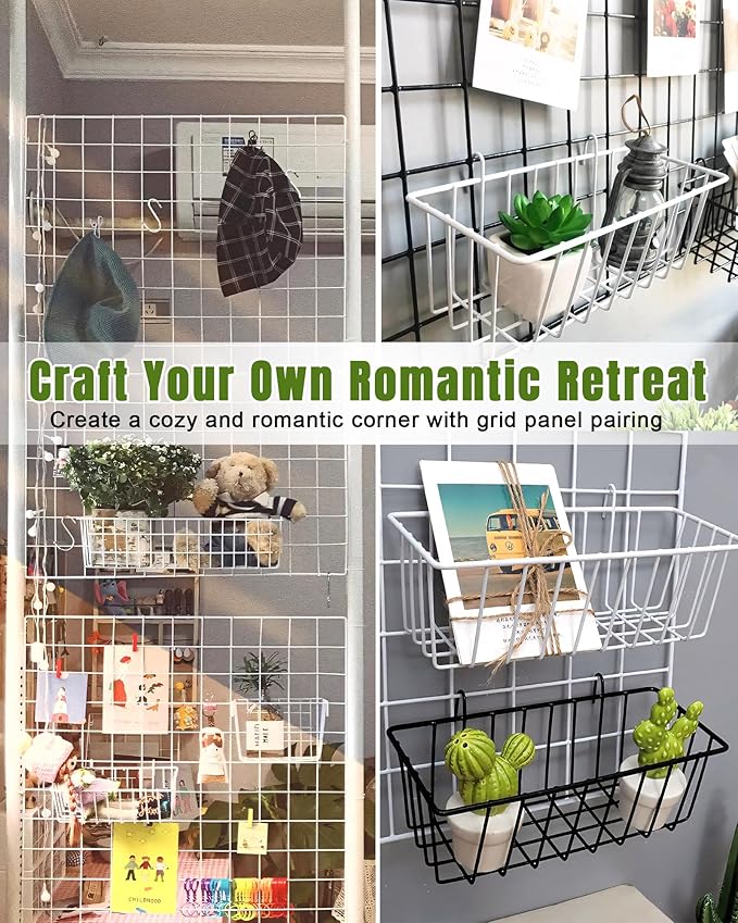 6 Pack Wire Baskets, Grid Panel Hanging Wall Basket, Grid Wall Accessory, Display and Storage Wall Basket for Kitchen, Home Decor, Potted Plants