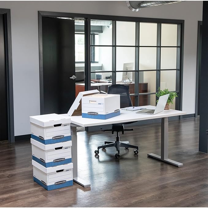 Bankers Box 4 Pack HANG'N'STOR Medium-Duty File Storage Boxes, FastFold, Lift-Off Lid, Letter/Legal, White/Blue