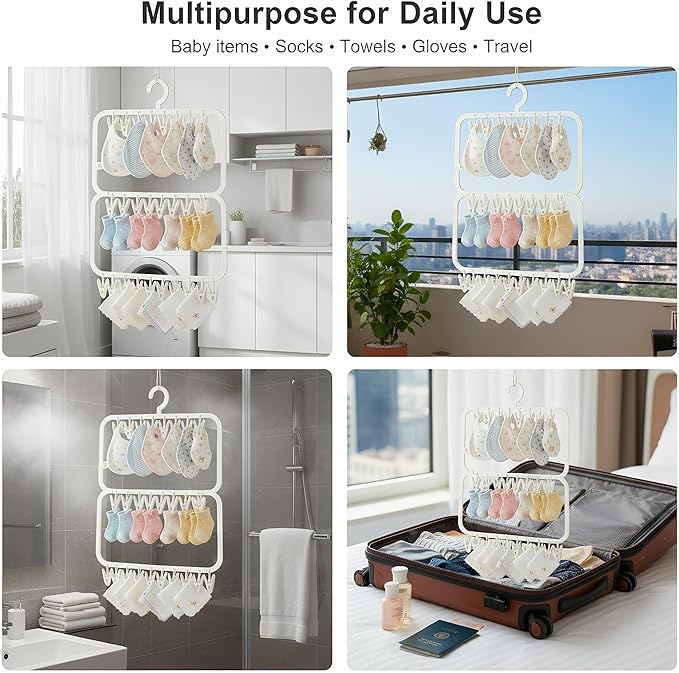 26-Clip Multi-Layer Clothes Drying Rack, BPA-Free ABS Laundry Hanger for Baby Clothes, Socks & Underwear, Heavy Duty Non-Foldable Hanger for Apartment, Nursery & Small Spaces (Off-White)
