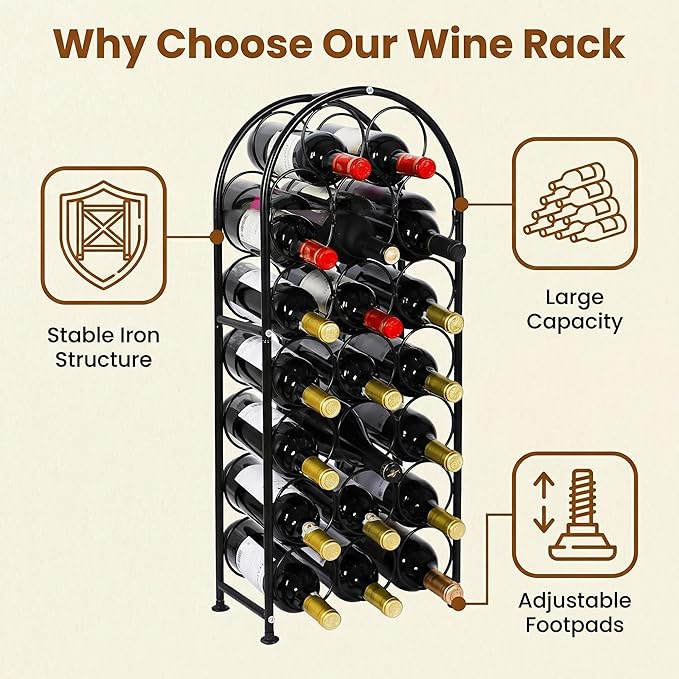 PAG 23 Bottles Arched Freestanding Floor Metal Wine Rack Wine Bottle Holders Stands, Black