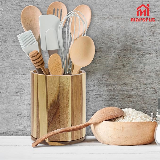 Marsrut Acacia Wood Utensil Holder 360°Rotating 7.3'' Large Wooden Spoon & Cooking Tool Caddy for Kitchen Countertop Crocks Organizer, Brown Rustic Farmhouse Decor, Modern Flatware Storage Essential