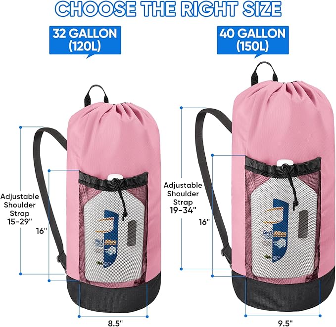 BALEINE 150L Laundry Bag Backpack, 900D Oxford Fabric Large Travel Laundry Bags with Shoulder Straps and 2 Mesh Pockets for College Dorm, Apartment, Laundromat (Pink, 150L)