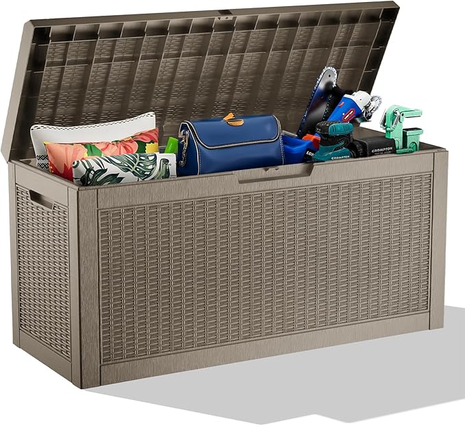DRATO 70 Gallon Outdoor Storage box Waterproof, Resin Large lockable Deck Storage Box, Waterproof Storage Containers and Patio Furniture Side Table for Pool and Garden Accessories(70 Gallon, Gray)