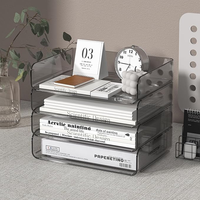 4-Tier Horizontal Acrylic Paper Tray Organizer | Clear Stackable Desk Organizer for Documents, Letters, A4 Paper | Modern Office/Classroom/Home Organization,Brown