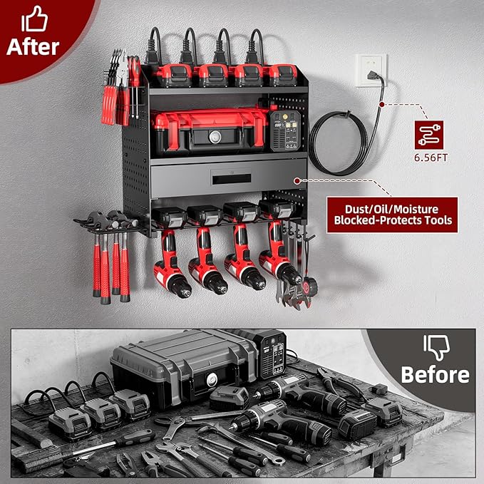 Power Tool Organizer Wall Mount with Charging Station, 4 Layers Storage Rack with 6 Drill Holders & Battery Storage, Cordless Tool Organizer with Drawers for Garage, Workshop & Tool Room