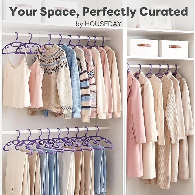 HOUSE DAY Plastic Clothes Hangers 12 Pack, Sweater Hangers No Shoulder Bump, Thick Heavy Duty Coat Hanger for Closet, Purple Wide Hanger with Non-Slip Hook for Sweaters, Suits, Dresses, Jackets, Pants