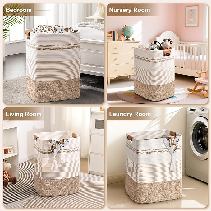 Laundry Hamper, 95L Tall Laundry Basket with Leather Handles, Rectangle Large Clothes Hamper for Organizing, Cotton Woven Laundry Baskets Storage Hampers for Bedroom, Nursery, Living Room