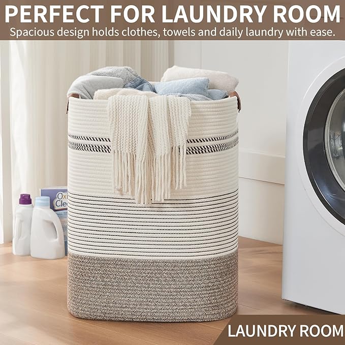 Laundry Hamper - Tall Woven Rope Laundry Basket - Clothes hamper with Leather Handles, 17" X 13.8" X 22", Blanket Storage Basket for Living Room, Rice Brown & White