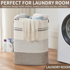 Laundry Hamper - Tall Woven Rope Laundry Basket - Clothes hamper with Leather Handles, 17" X 13.8" X 22", Blanket Storage Basket for Living Room, Rice Brown & White