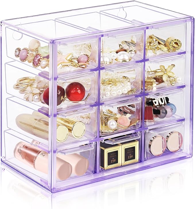 Desk Storage Organizer with 12 Mini Drawers, Clear Desktop Craft Drawer Cabinet, Stackable Storage Box Caddy for Makeup Jewelry Office Craft Supplies (Purple)