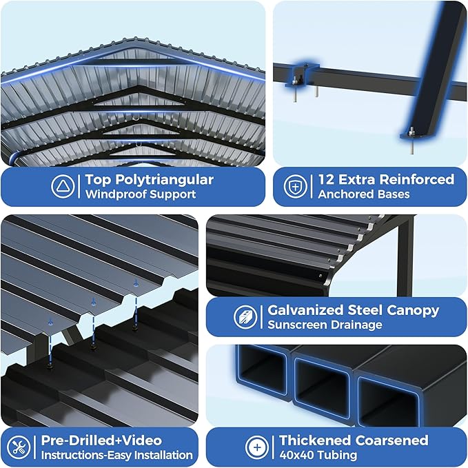Carport Canopy 12’X20’ Heavy Duty Car Port Galvanized Steel Roof, Reinforced Stable Triangle Frame for Snowy Windy Metal Carports Enhanced Base Car Tent for Car,RV,Pickup,Boat,Truck,Tractor