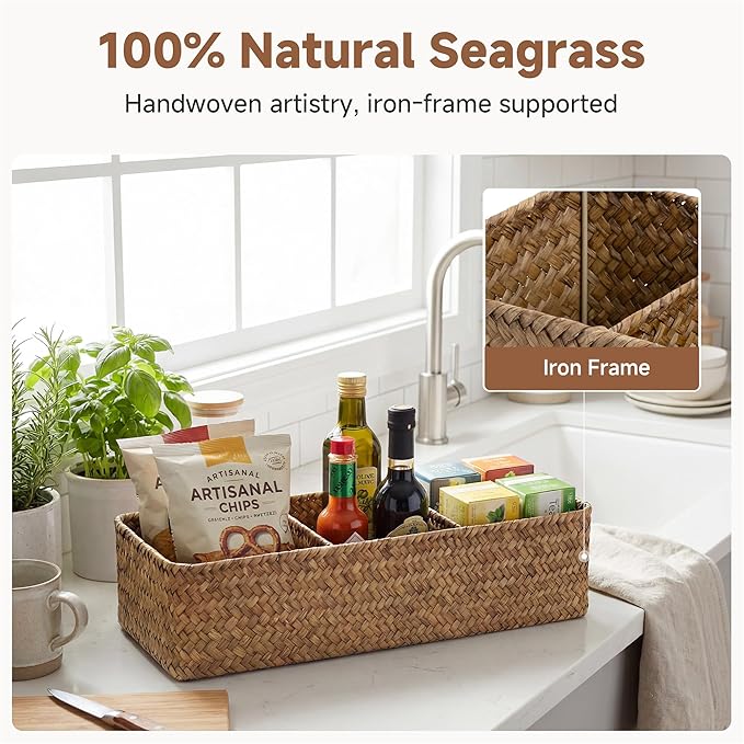 StorageWorks Toilet Paper Basket for Back of Toliet， Bathroom Basket with 3 Enlarged Compartments, Seagrass Toilet Paper Storage Baskets, 16½"x 5½"x 5½", Brown, 2-Pack