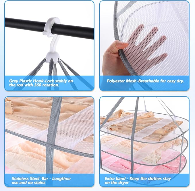 3Pack Sweater Drying Rack Flat Mesh Foldable, 3 Tier Folding Clothes Mesh Dryer Flat with Fixing Band, Large Hanging Collapsible Drying Racks for Laundry Indoor T-Shirt Swimsuit Sweater Underwear