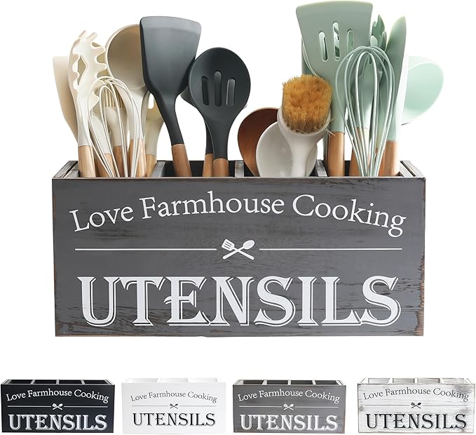 Utensil Holder,Extra Large Wooden Utensil Holder For Kitchen Counter,Cooking Spatula Organizer,Big Storage Caddy With 4 Compartments Flatware Spoon Tool Cutlery（Grey）