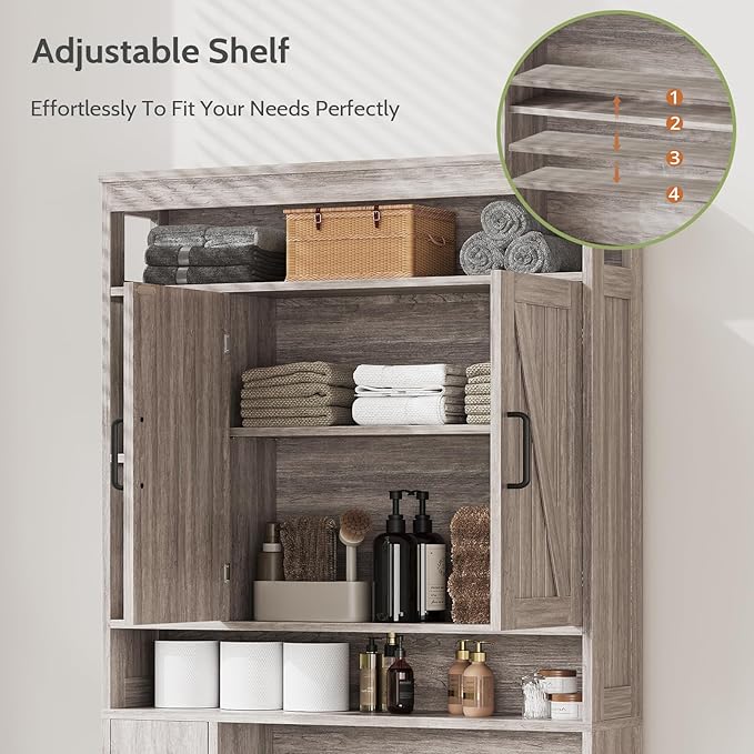 Over The Toilet Storage Cabinet, Farmhouse Storage Cabinet Over Toilet with 2 Barn Door & Toilet Paper Holder Stand, Freestanding Space-Saving Toilet Storage Rack for Bathroom, Laundry, Gray