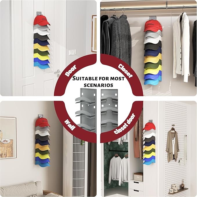 Hat Organizer Hold up to 20 Hats, 2 Pack Hat Rack for Wall with Strong Adhesive, Hat Organizer for Baseball Caps Display for Door Closet, Hat Hanger Holder Multilayer Two Mounting Option(Black)