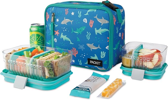 PackIt(R) Freezable Classic Lunch Box, Sea Shark, Built with EcoFreeze(R) Technology, Collapsible, Reusable, Zip Closure With Zip Front Pocket and Buckle Handle, Designed for Fresh Lunch On the Go